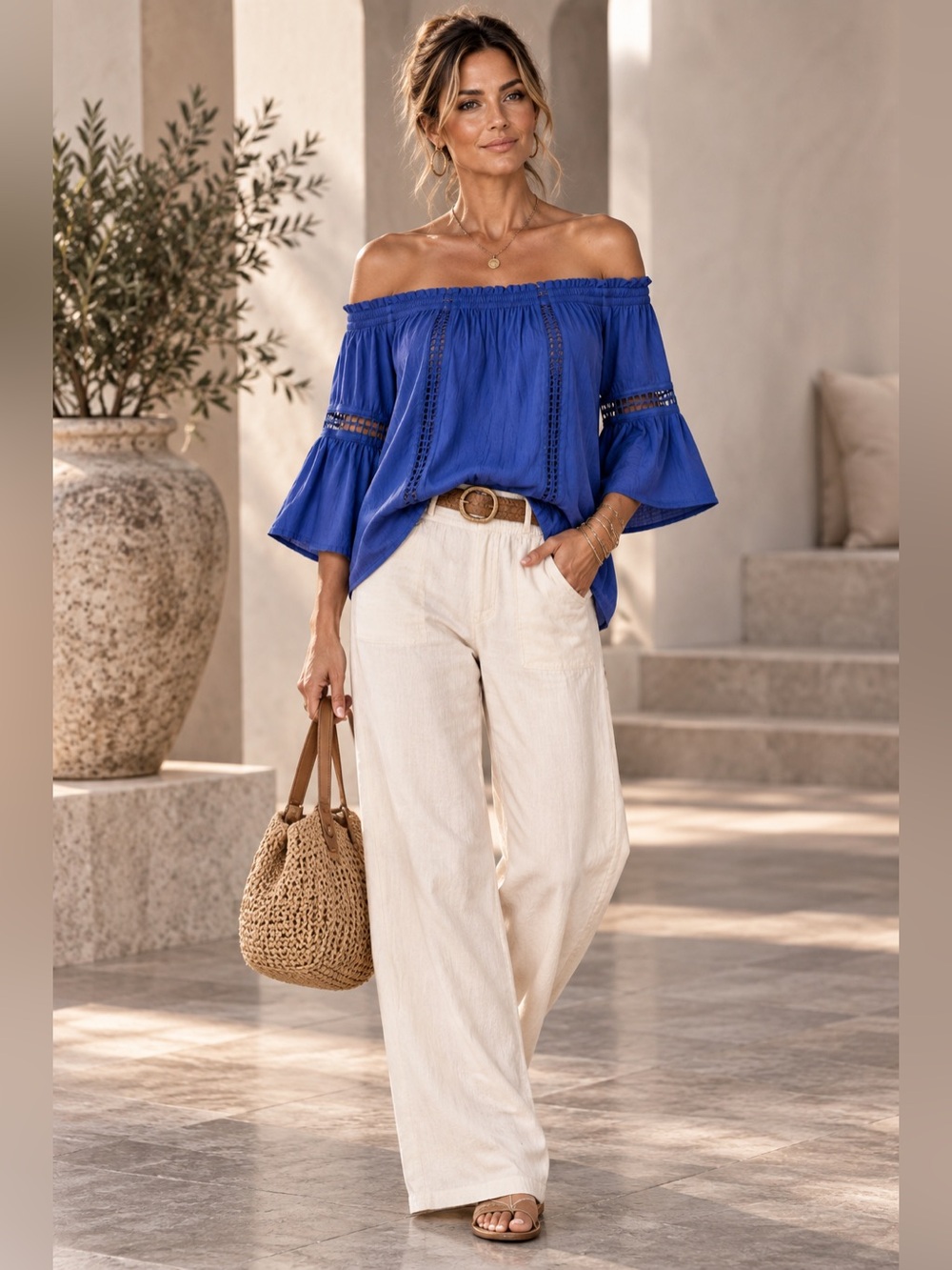 NWT Melissa Paige L Blue Off Shoulder Peasant Blouse Bell Sleeve Boho Top